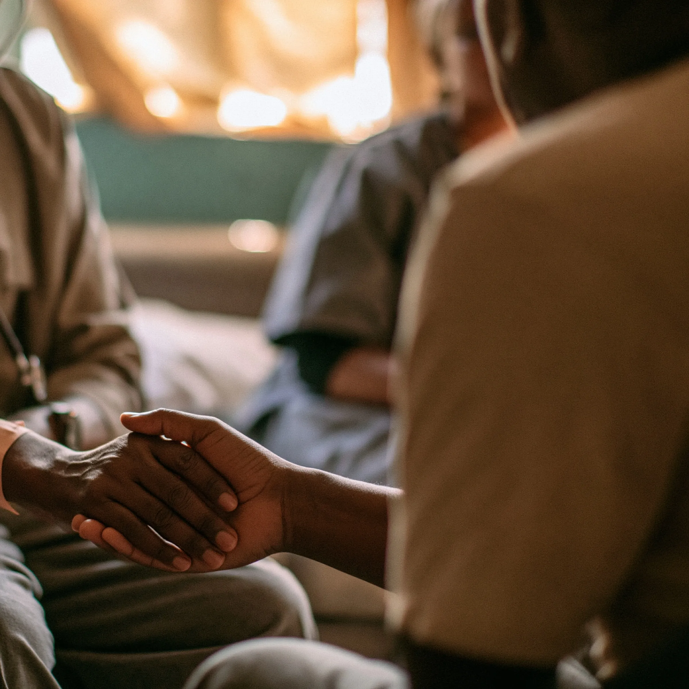 A caregiver holds a patient’s hand at a bedside in warm evening light.