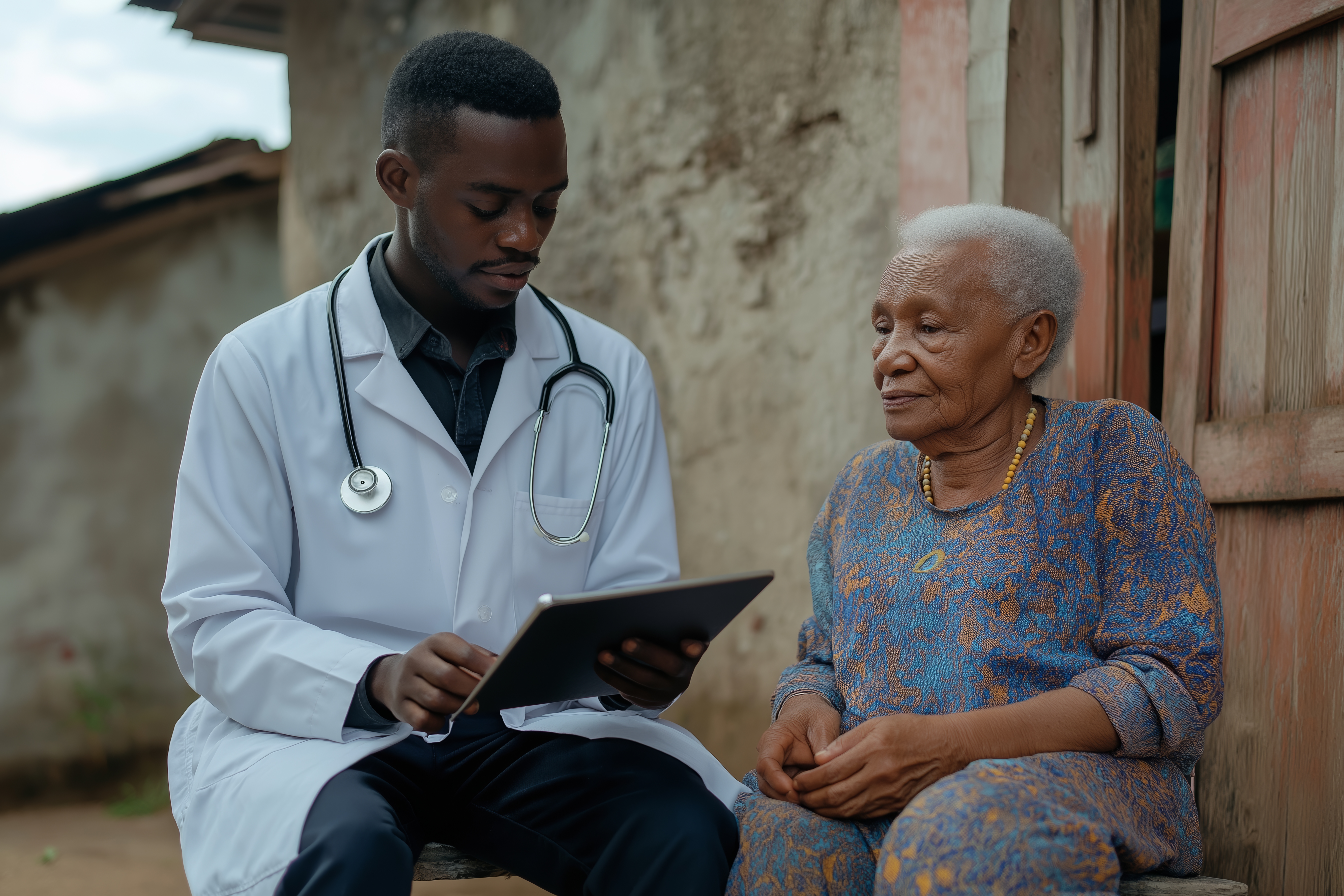 A doctor discussing health information with an elderly patient.